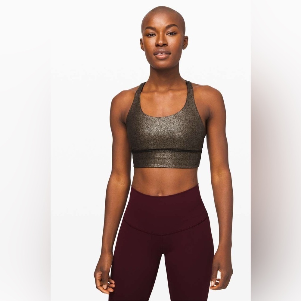 Lululemon Energy Bra Long Line *Foil Luminosity Foil Print Black Copper Foil